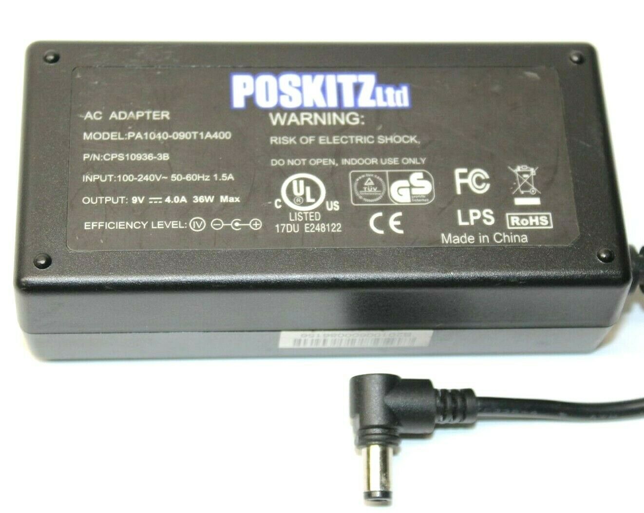 New 9V 4A Poskitz PA1040-090T1A400 CPS10936-3B Power Supply Ac Adapter